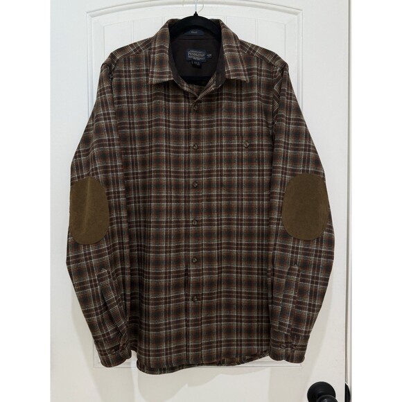 Pendleton Trail Button Shirt USA Virgin Wool Plaid Flannel Elbow Patch L Brown e - Picture 2 of 7